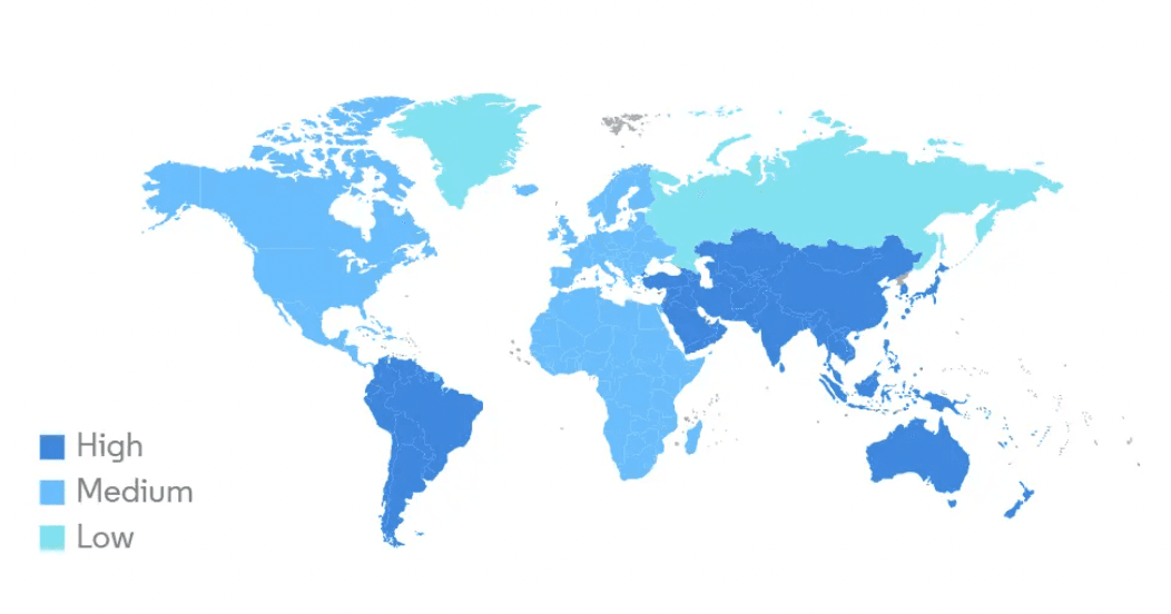 World map with regions shaded high, medium, and low